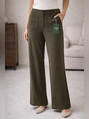Halara Wide Leg Pants Women M Tall Olive Green High Waist Stretch NWT